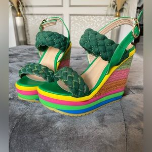 Multicolored platform wedges.